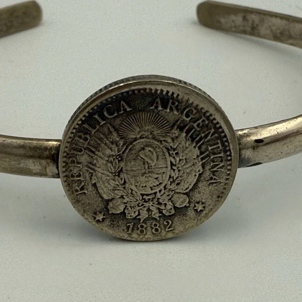 Silver Tone Republic Argentina 1882 Coin Cuff Bracelet - Picture 2 of 6